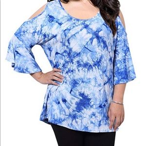 Super Soft Cold Shoulder Blue Tie Dyed Tee